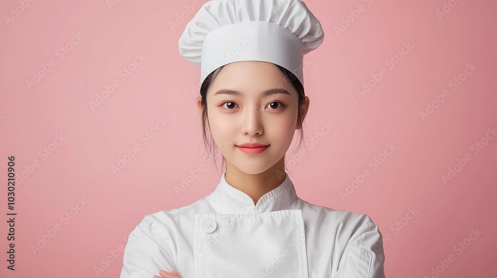 A young Chinese female chef with her arms crossed, wearing white professional attire and a hat, facing the camera directly in front of her upper body against a solid color background A young Chinese female chef with her arms crossed, wearing white professional attire and a hat, facing the camera directly in front of her upper body against a solid color background
