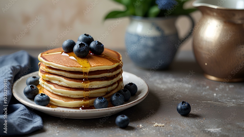 Fluffy tasty pancakes with blueberries on a plate in bright daylight. Rustic shabby chic feel. Pancake Day. Banner with empty space for text. Fluffy tasty pancakes with blueberries on a plate in bright daylight. Rustic shabby chic feel. Pancake Day. Banner with empty space for text.