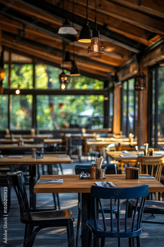 Cozy dining area in a rustic restaurant with large windows and wooden decor during daylight Cozy dining area in a rustic restaurant with large windows and wooden decor during daylight