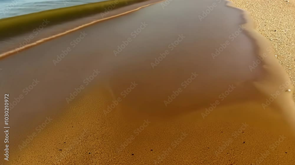 A wave recedes on a sandy beach, leaving behind a shallow pool of water