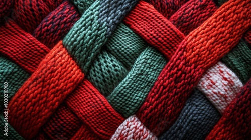 Textured knit pattern in red, black, and white colors perfect for winter garm...