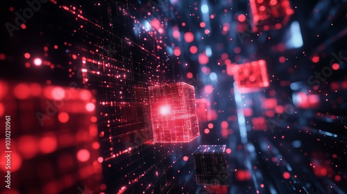 Abstract background with digital glowing red and black cubes in the dark space, cyber technology concept