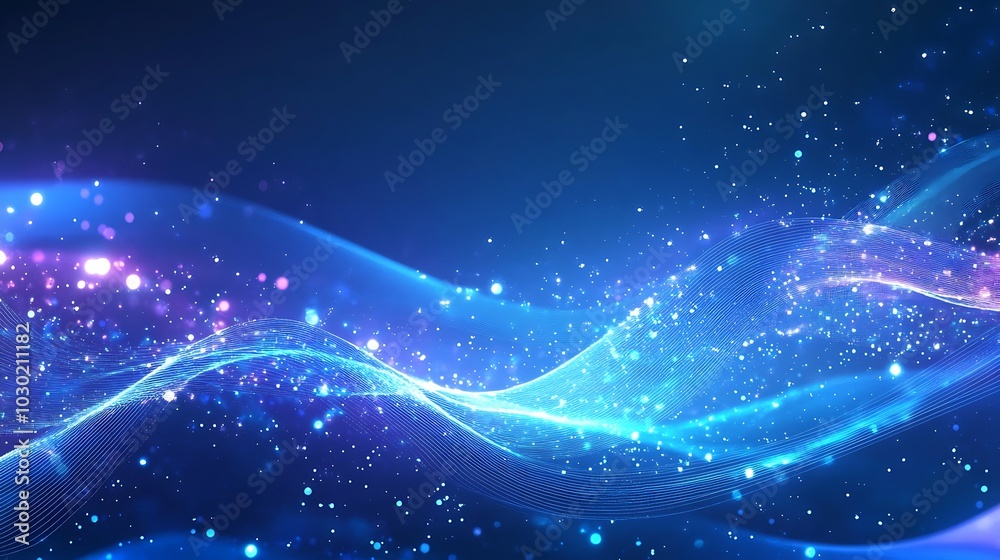 Abstract blue background with glowing waves and sparkling particles.