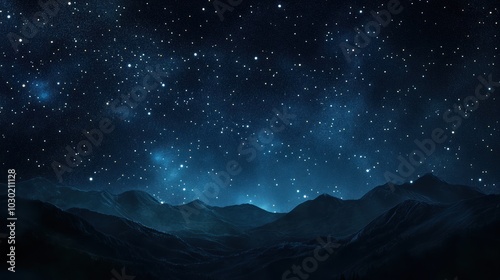 A mountain range with a blue sky and stars. The stars are scattered throughout the sky. The mountains are in the background and the sky is blue