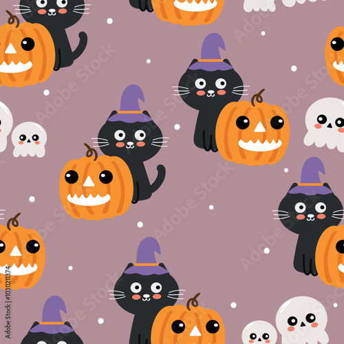 Wallpaper Mural Seamless pattern cartoon cat with ghost and pumpkin halloween. cute halloween wallpaper for fabric print, gift wrap paper Torontodigital.ca