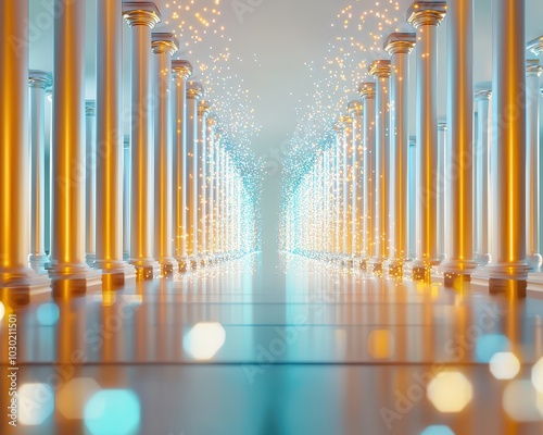 Flowing currents of light passing through abstract pillars, representing strong financial foundations