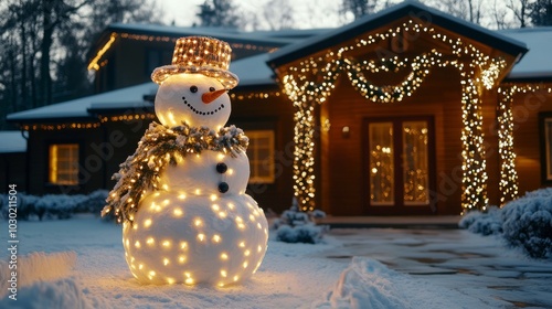 Snowman decorated with lights and garlands in a snowy front yard during the h...