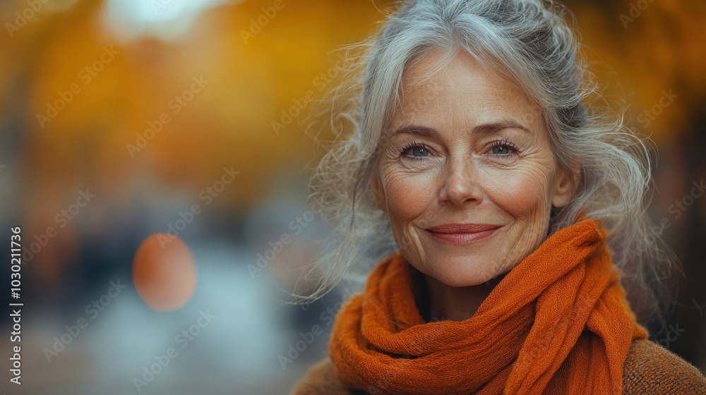 A portrait of a smiling woman with gray hair and an orange scarf, standing in front of an autumnal background. A portrait of a smiling woman with gray hair and an orange scarf, standing in front of an autumnal background.