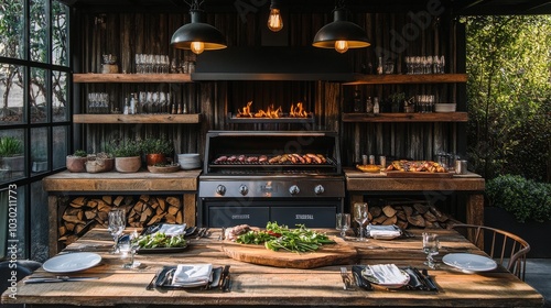 Evening barbecue in a lush garden with grilled meats and vegetables on the table