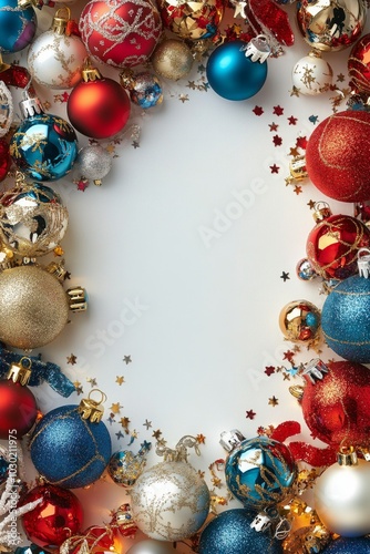 Festive border of colorful Christmas ornaments and stars on a white background