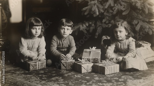 Three adorable children gazing at wrapped gifts under a Christmas tree in a c...