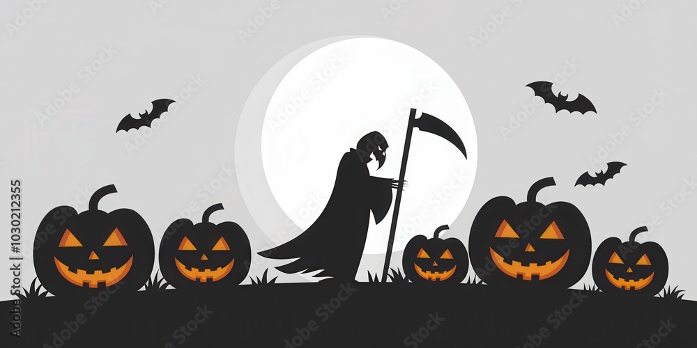 Fototapeta premium Spooky Grim Reaper Carved Pumpkins Bats - Halloween Illustration Party Invitations, Decorations, Marketing Materials