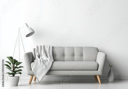 Cozy modern living room setup with a gray sofa and stylish floor lamp in a mi...