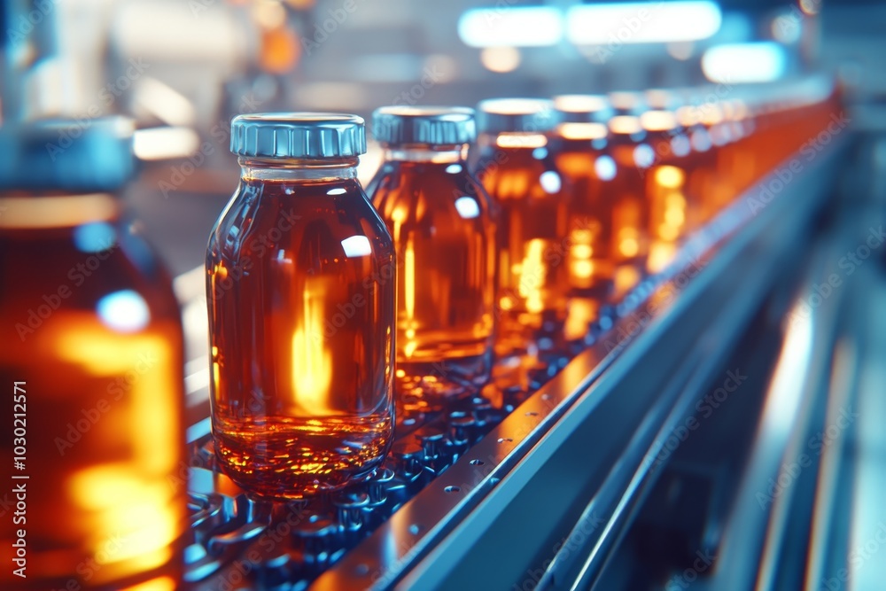 A conveyor belt transports juice in glass bottles on a production line in an industrial manufacturing plant A conveyor belt transports juice in glass bottles on a production line in an industrial manufacturing plant