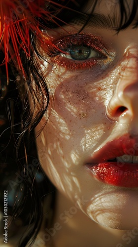 Close-up Portrait of a Woman with Red Lipstick and Glitter Makeup