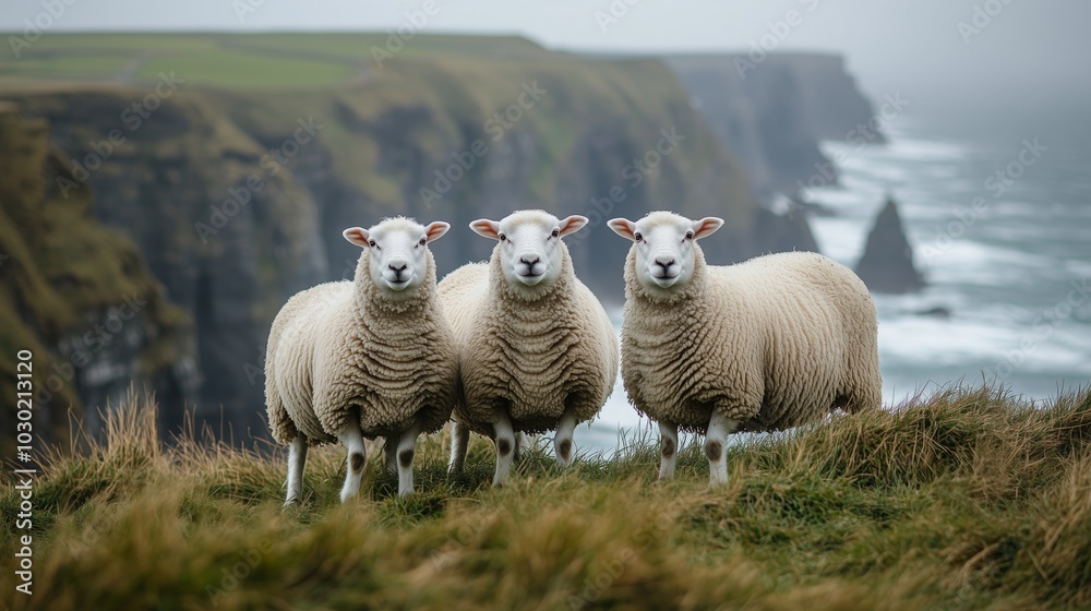 Three sheep in the Irish countryside, with an ocean and cliffs behind them Three sheep in the Irish countryside, with an ocean and cliffs behind them