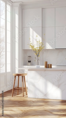 Creative Design Showcasing a Beautiful New Luxury Kitchen Interior Featuring a Kitchen Island and Wooden Flooring, Bright Modern Minimalist Style with Ample Space for Copy, Perfect for Advertising and