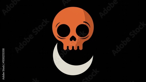 Stylized Orange Skull Crescent Moon Black Background - Perfect Halloween Marketing, Spooky Decor, Graphic Design Projects