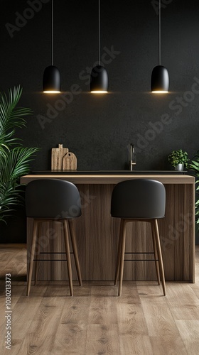 Creative Design Showcasing a Beautiful New Luxury Kitchen Interior Featuring a Kitchen Island and Wooden Flooring, Bright Modern Minimalist Style with Ample Space for Copy, Perfect for Advertising and