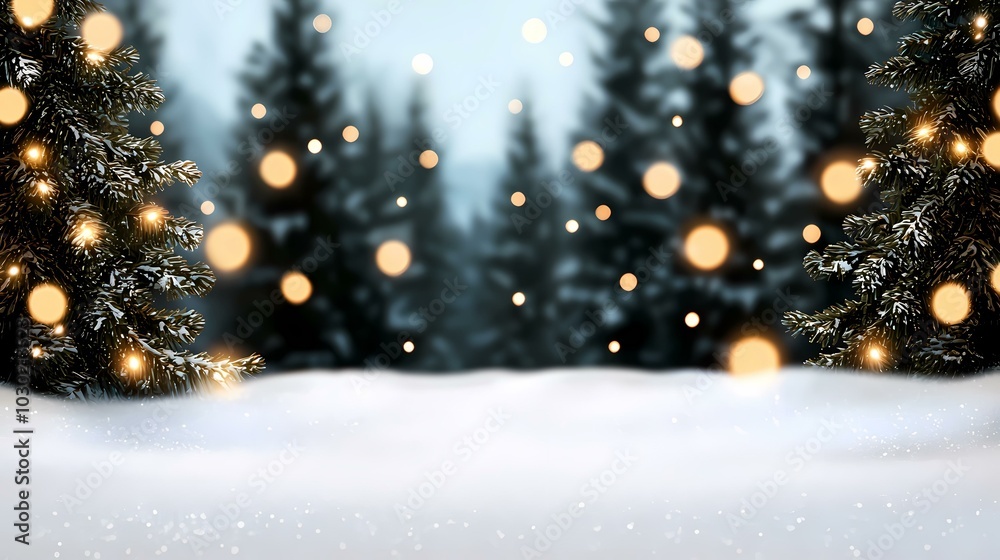 The image shows a snowy winter scene with two fir trees decorated with warm lights. The background is a blurry forest with warm lights. The image shows a snowy winter scene with two fir trees decorated with warm lights. The background is a blurry forest with warm lights.