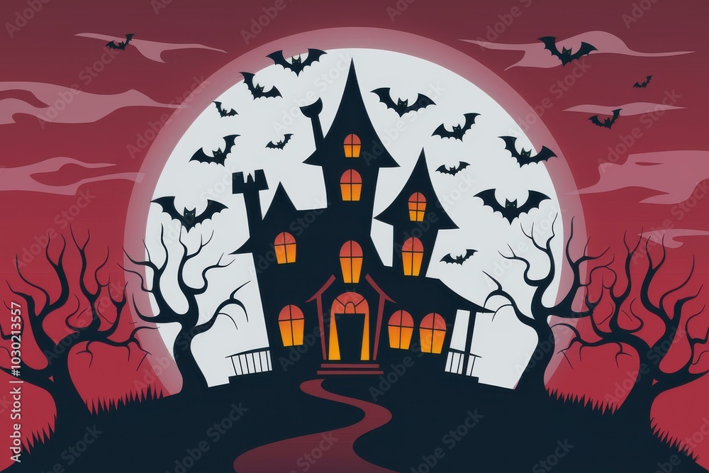 Haunted House Bats Full Moon - Spooky Halloween Background Marketing, Party Invitations, Decorations