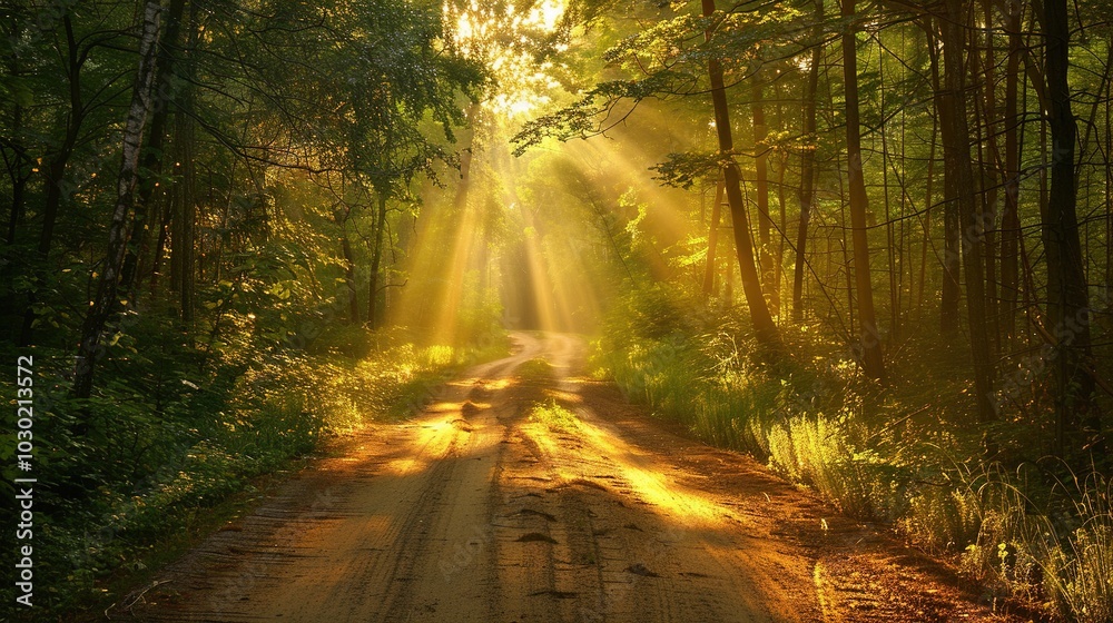Fototapeta premium Dirt Road in a Forest with Sunbeams Shining Through the Trees and a Path on the Other Side