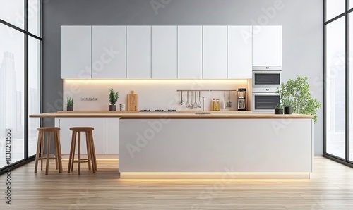Creative Design Showcasing a Beautiful New Luxury Kitchen Interior Featuring a Kitchen Island and Wooden Flooring, Bright Modern Minimalist Style with Ample Space for Copy, Perfect for Advertising and