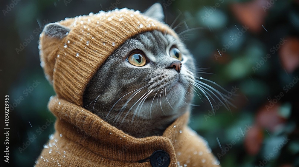 A cat wearing a wool cape in snow. A cat wearing a wool cape in snow.