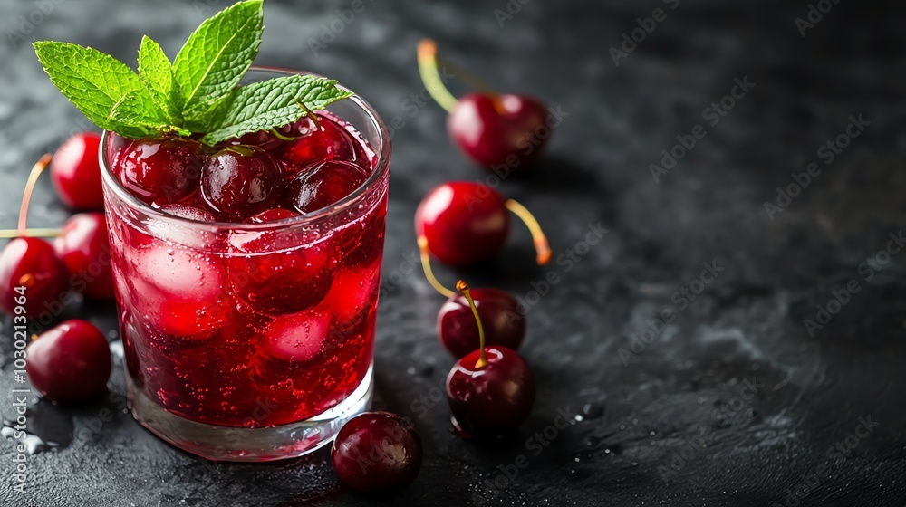 A glass of cherry soda with fresh mint on top, surrounded by cherries. A glass of cherry soda with fresh mint on top, surrounded by cherries.