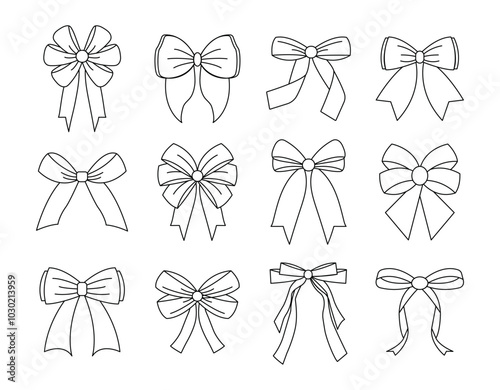 Big set of decorative bows and ribbons for gifts. Hair decorations. Isolated bows in line art style.