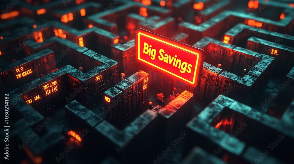 Fototapeta premium A large and detailed price tag maze, vibrant red and yellow tags forming intricate pathways, small customers navigating towards a bright “Big Savings” sign at the center,