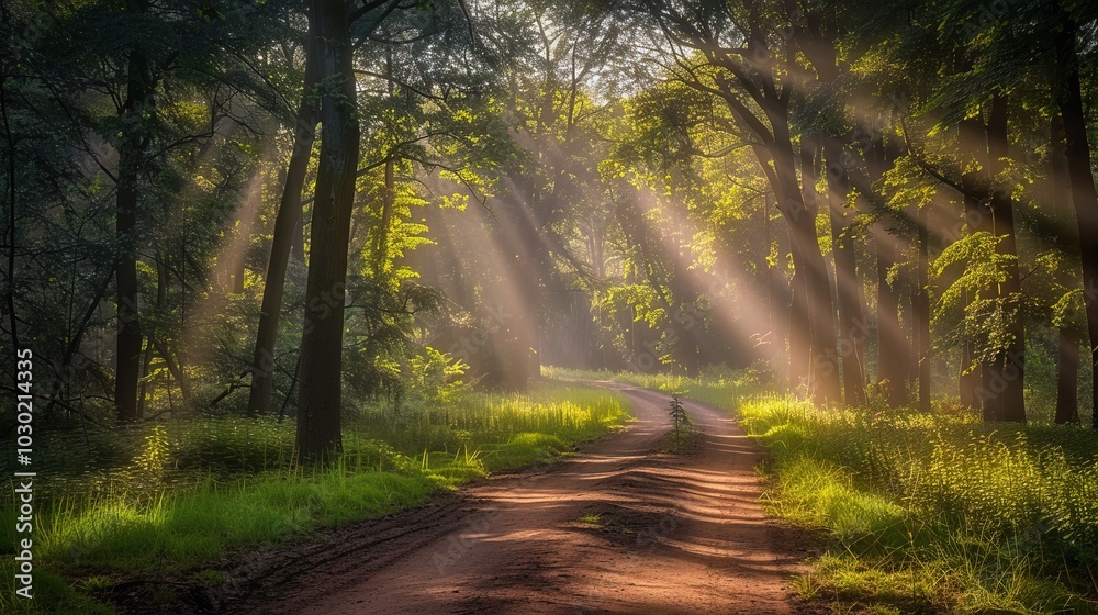 Fototapeta premium Dirt Road in a Forest with Sunbeams Shining Through the Trees and a Path on the Other Side