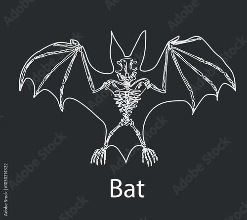 Bat skeletal system. Bat skeleton, detailed bones and wings on white background. Hand drawing sketch vector illustration