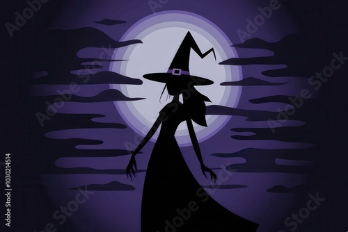 Spooky Witch Silhouette Full Moon Dark Purple Background - Perfect Halloween Marketing, Decorations, Party Invitations photo