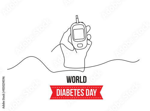 
Continuous one line drawing hand using glucometer for checking blood sugar level. World diabetes day concept. Single line draw design illustration