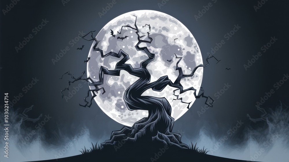 Fototapeta premium Eerie Twisted Tree Silhouette Full Moon - Spooky Halloween Illustration Decorations, Party Invitations, Seasonal Promotions