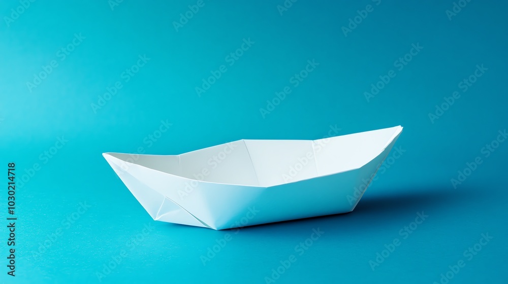 A white paper boat sits on a turquoise blue surface. A white paper boat sits on a turquoise blue surface.