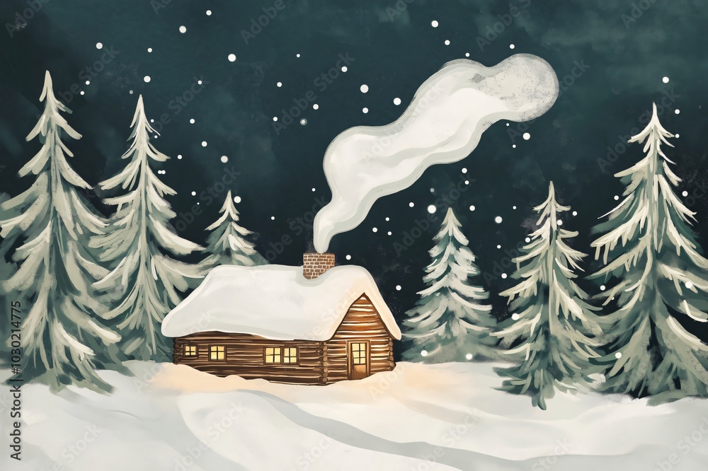 Fototapeta premium Smoke is coming out of the chimney of a wooden cabin surrounded by snow covered pine trees in a snowy forest at night