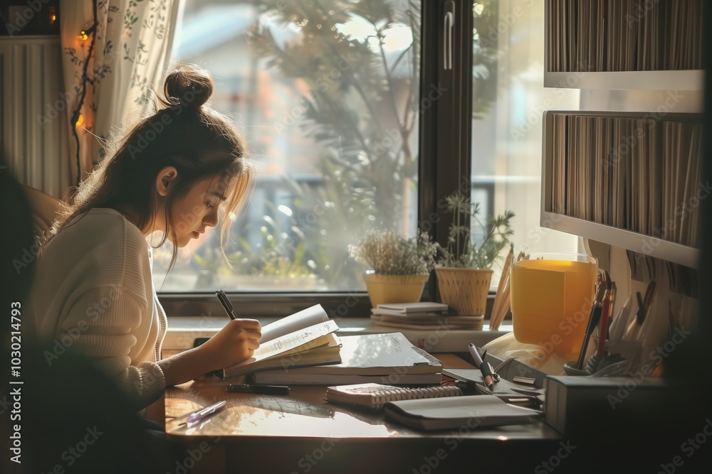 Girl sitting at a desk by the window studying her lessons Girl sitting at a desk by the window studying her lessons