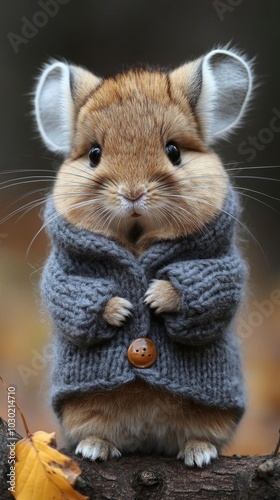 Chinchilla in grey knitted poncho outdoors. photo