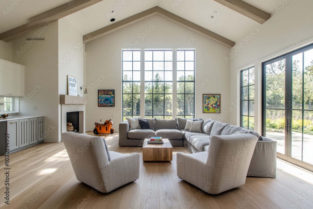 Fototapeta premium Traditional style living room and kitchen with vaulted ceilings and elegant furnishings. Lighting is off.