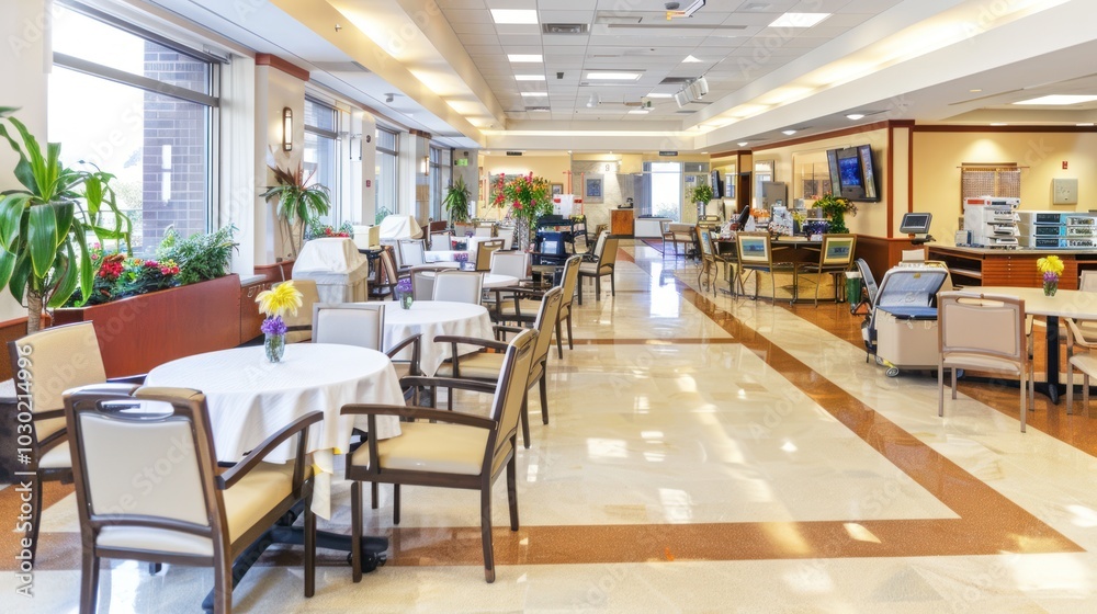 Interior of a Modern Lobby with White Tablecloths and Beige Chairs Interior of a Modern Lobby with White Tablecloths and Beige Chairs