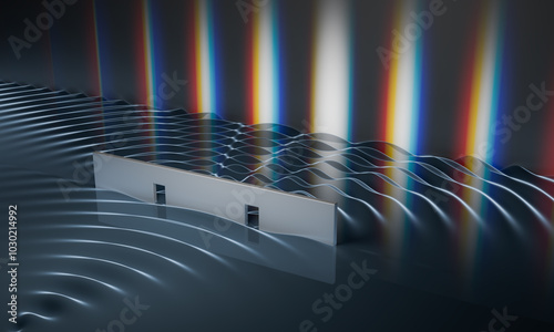 Double-slit experiment in physics. Quantum physics and particle-wave duality concept. 3D rendered illustration. photo