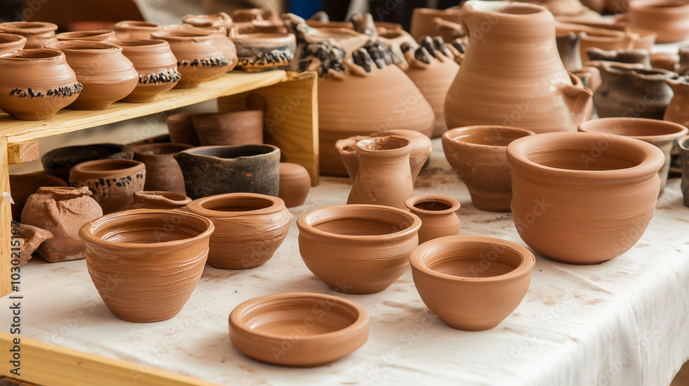 Group terracotta pottery handmade earthware clay bowls jars pots arty display earthy tones rustic natural decor traditional market stall product banner DIY lifestyle learn maker vintage craft concept Group terracotta pottery handmade earthware clay bowls jars pots arty display earthy tones rustic natural decor traditional market stall product banner DIY lifestyle learn maker vintage craft concept