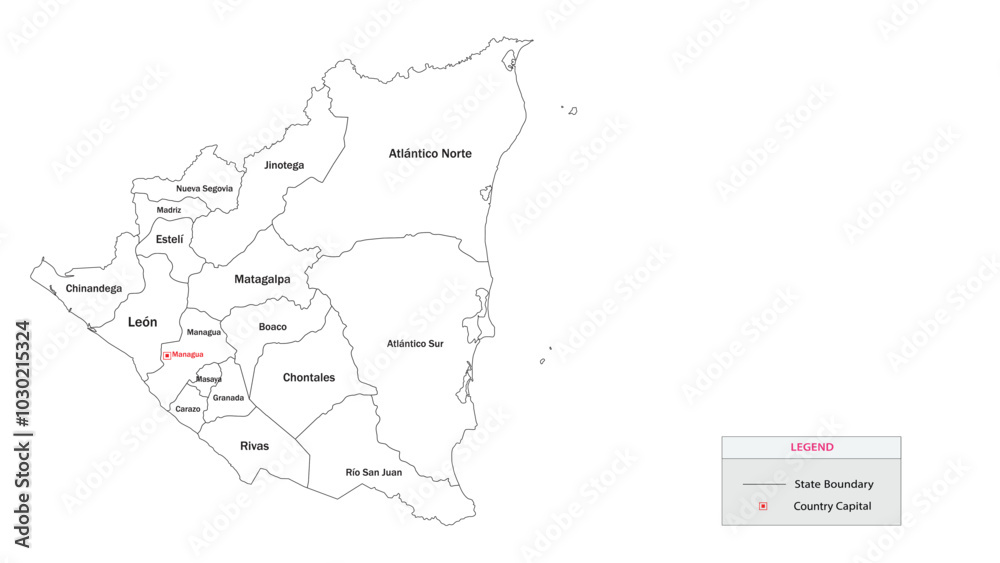 Nicaragua Map. State and district map of Nicaragua. Administrative map