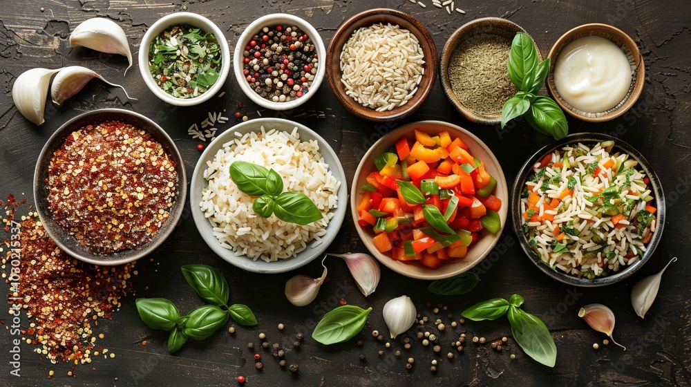 Plates of Rice and Vegetables with Garlic, Pepper, and Basil