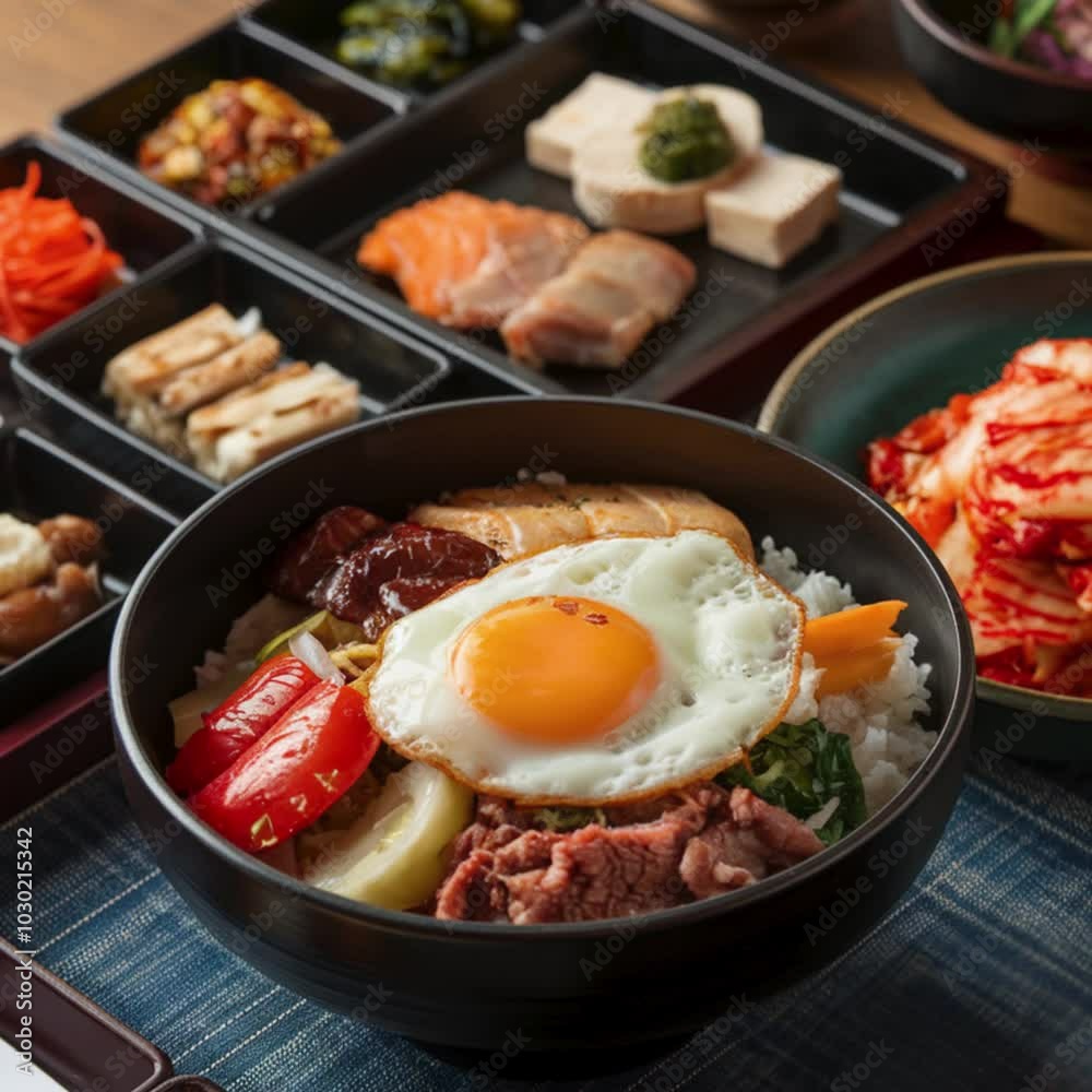 A close-up of a beautifully arranged Korean meal with bibimbap, kimchi, and various side dishes on a traditional wooden table. A close-up of a beautifully arranged Korean meal with bibimbap, kimchi, and various side dishes on a traditional wooden table.