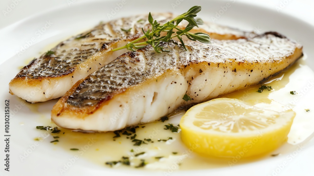 A plate of pan-seared fish with lemon and herbs. A plate of pan-seared fish with lemon and herbs.