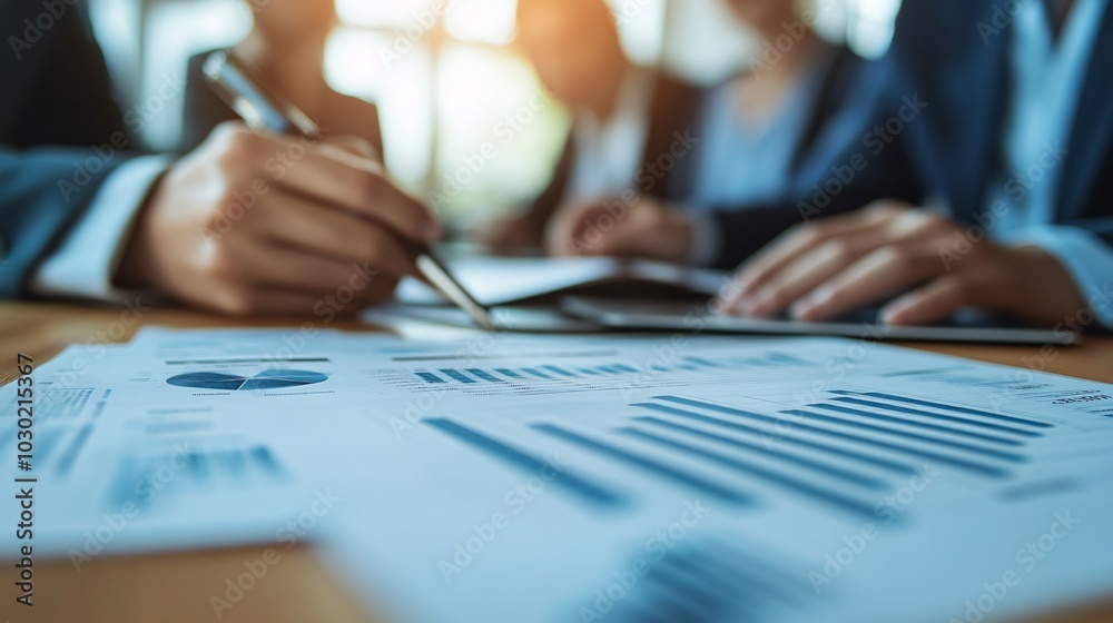 Small business team collaborating on a marketing plan in a bright office with financial charts Stock Photo with side copy space Small business team collaborating on a marketing plan in a bright office with financial charts Stock Photo with side copy space