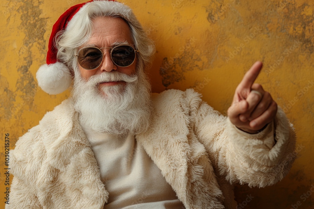 A funny, funky santa claus with a red hat pointing at his index finger indicates X-mas time sales over a yellow color background for 2020 Christmas resolutions. A funny, funky santa claus with a red hat pointing at his index finger indicates X-mas time sales over a yellow color background for 2020 Christmas resolutions.